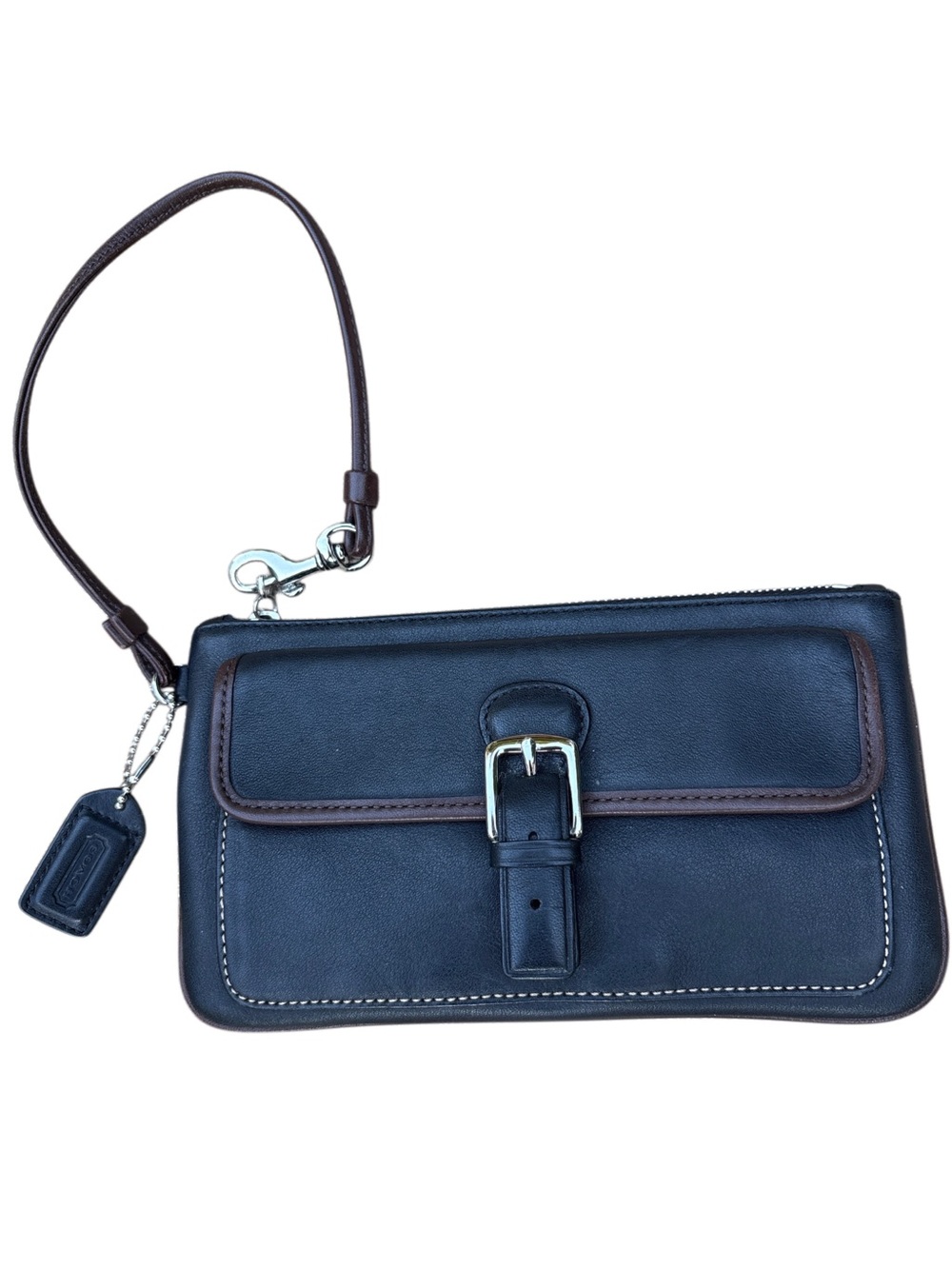 VINTAGE Y2K COACH BLACK LEATHER BUCKLE WRISTLET BROWN TRIM